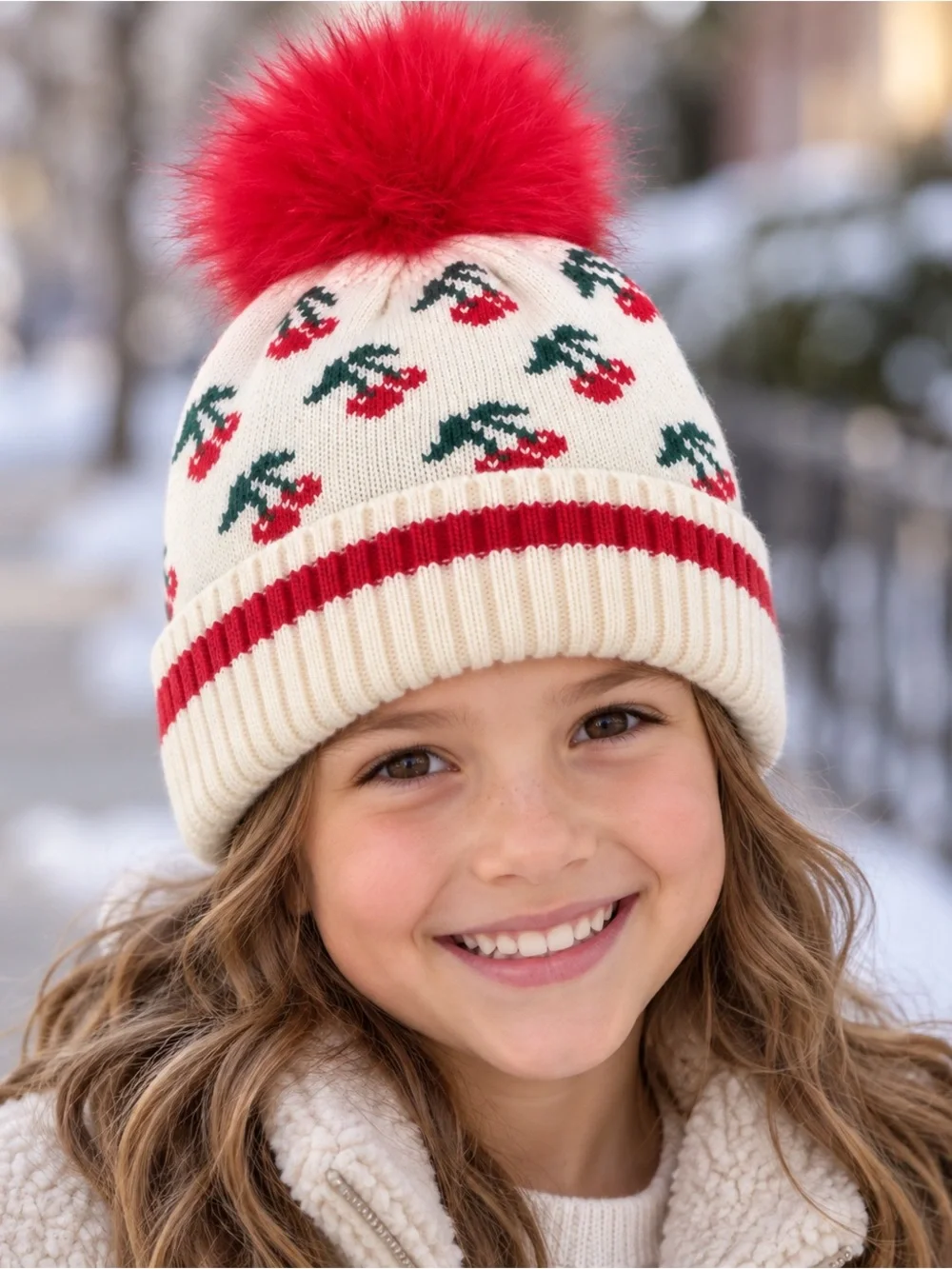 Kids Cream Cherry Pom Pom Beanie Hat - Red Trim